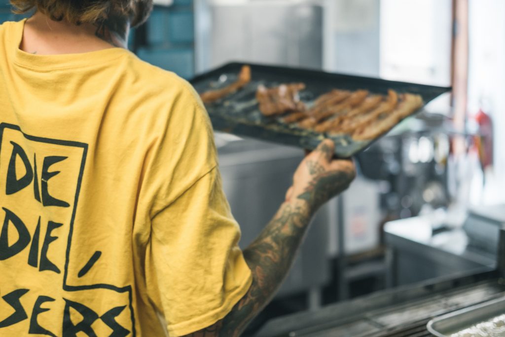 baking tray with hot food on