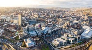 City drone shot of Sheffield 
