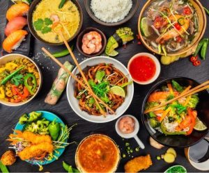 A range of Chinese food served on a plate